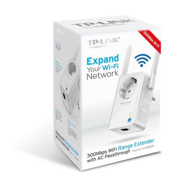 TP-Link bežični pojačivač dometa (Universal Range Extender) 300Mbps, (2.4GHz), 802.11b/g/n, 1×RJ45 10/100, 2×vanjske antene fiksne, range extender tipka, dodatna utičnica