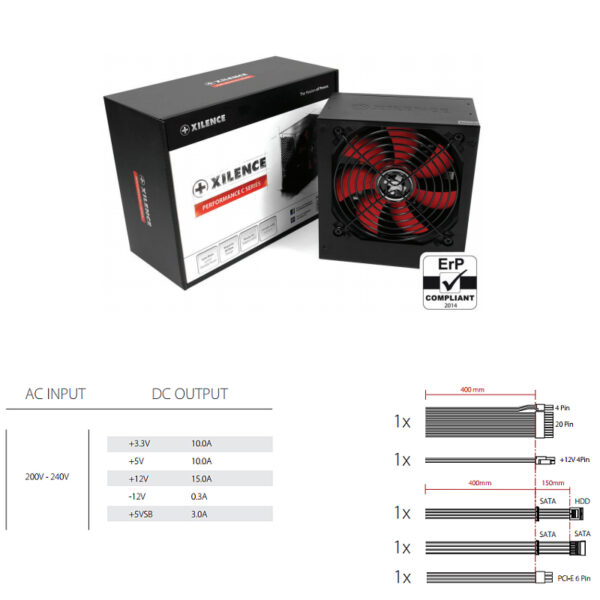 Xilence 400W Performance C, ATX 2.3.1, aktivan PFC, 1×PCIe, 3×SATA, 20+4-pina, 120mm ventilator, crno