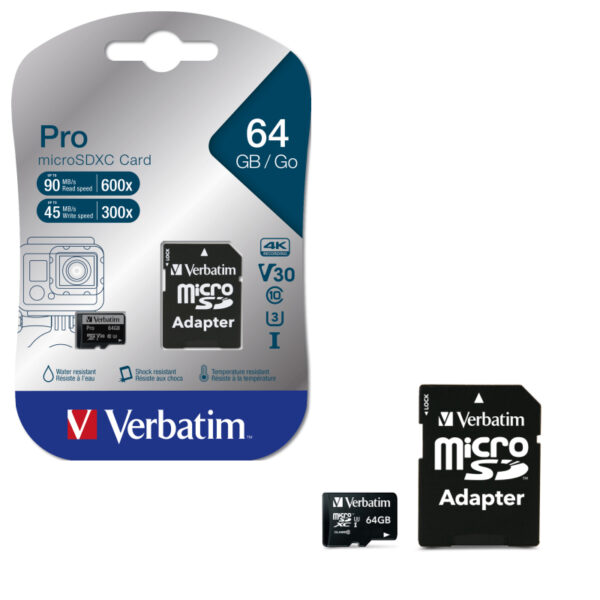 Verbatim memorijska kartica PRO Micro SDXC 64GB, U3, A2, V30, Class 10 Card + adapter