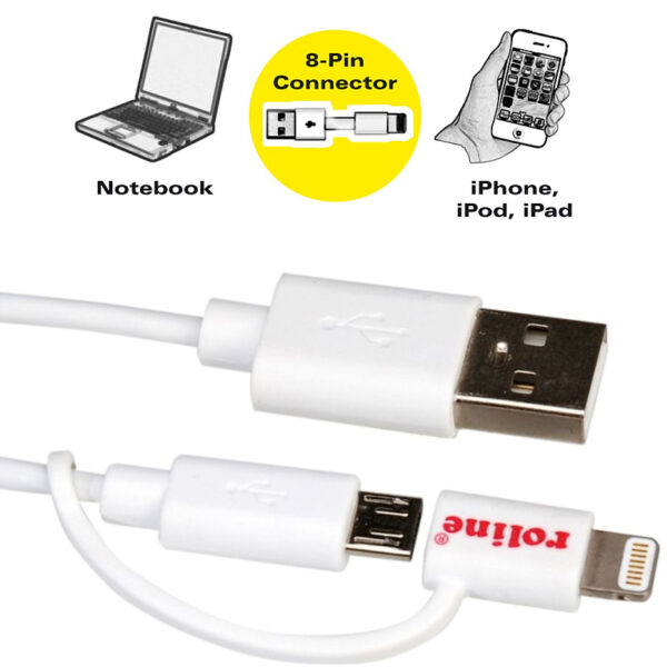 Roline USB2.0 kabel za punjenje i prijenos podataka TIP A(M) na Micro B(M) + Lightning(M),1.0m, bijeli