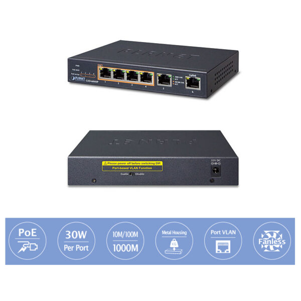 PLANET Gigabit preklopnik (Switch) 4-port 10/100/1000Mbps 802.3at High Power PoE (55W) + 2-Port 10/100/1000T
