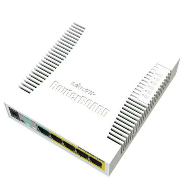 Mikrotik Cloud Smart Switch CSS106-1G-4P-1S (RB260GSP) 5-port Gigabit PoE-out smart preklopnik sa SFP cage, SwOS, plastično kućište, PSU, 53W