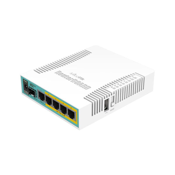 Mikrotik RB960PGS, hEX PoE, 800MHz CPU, 128MB RAM, 5×Gigabit LAN, (4×PoE izlaz), SFP, USB, RouterOS L4, plastično kućište, PSU