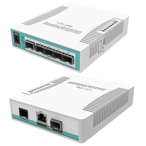 Mikrotik Cloud Router Switch CRS106-1C-5S, QCA8511 400MHz CPU, 128MB RAM, 1×Combo port (Gigabit Ethernet or SFP), 5×SFP cages, RouterOS L5, desktop kućište, PSU