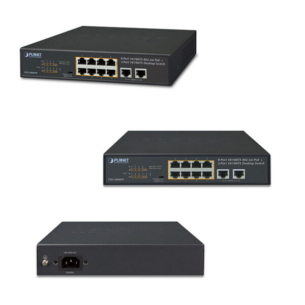 PLANET preklopnik (Switch) 10" 8-port 10/100TX 802.3at PoE + 2-port 10/100TX, rack-mountable