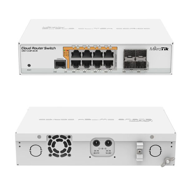 Mikrotik Cloud Router Switch CRS112-8P-4S-IN, QCA8511 400Mhz CPU, 128MB RAM, 8×G-LAN PoE-out, 4×SFP, RouterOS L5, desktop kućište, rack mount, PSU