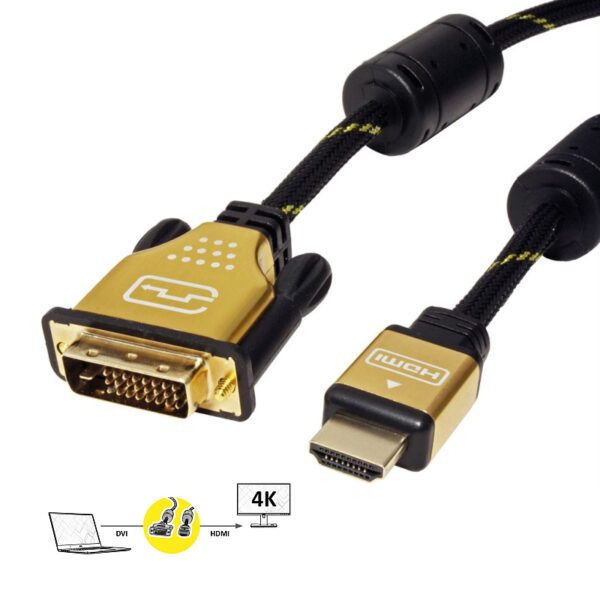 43972_01 Roline GOLD DVI kabel, DVI-D (24+1) - HDMI Dual Link, M/M, UHD 4K, 2.0m, crno/zlatni