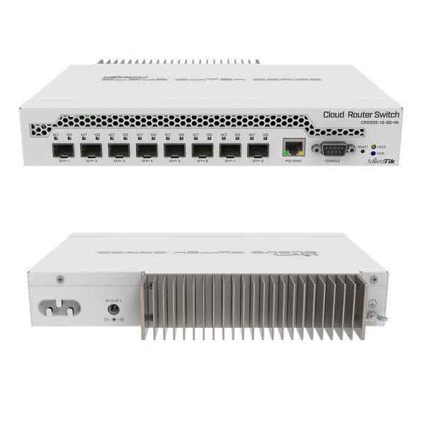 Mikrotik Cloud Router Switch CRS309-1G-8S+IN, Dual core 800MHz CPU, 512MB RAM, 1×GLAN, 8×SFP+ cages, RouterOS, L5 or SwitchOS (dual boot), pasivno desktop kućište, rackmount ears, PSU