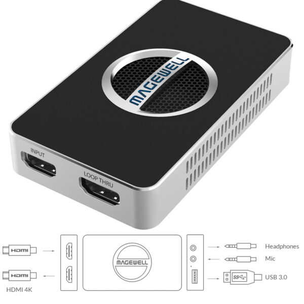 Magewell USB Capture HDMI 4K Plus, USB3.0 DONGLE, 1-channel 4K/30fps HDMI with loop-through out, plus extra audio mic in/out, Plug and Play, Windows/Linux/Mac (32090)