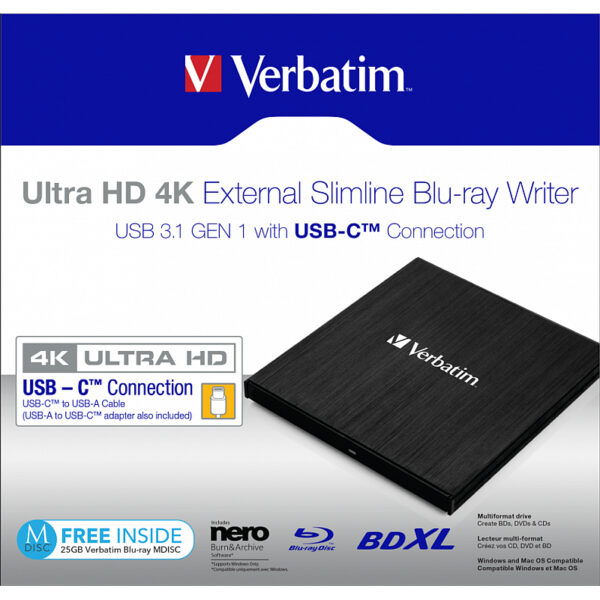 Verbatim Blu-Ray Slimline Ultra HD 4K vanjski snimač, M-Disc kompatibilan, USB3.2 (USB-C), crni