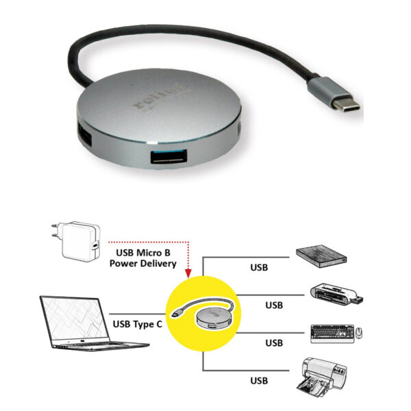 45726_01 Roline Hub 4-porta USB 3.2 Gen1, USB-C kabel, 0.15m