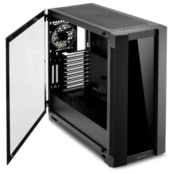 Sharkoon ELITE SHARK CA200G Tower E-ATX kućište, bez napajanja, prozirna bočna stranica, RGB ventilator stražnji 1×120, crno