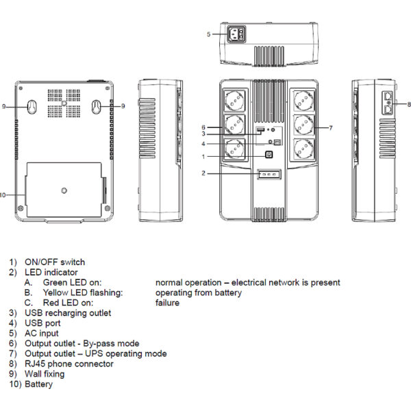 46316_02 Elsist UPS Multistation 1000VA/600W, Line-Interactive, discharge, overcharging, overload protection, 6×Schuko, USB×2, 1x9Ah, 5min. autonomija