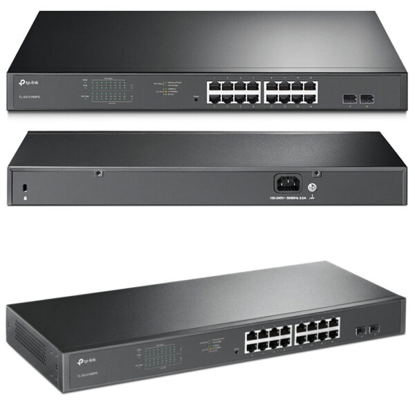 TP-Link JetStream 16-port Gigabit EasySmart PoE+ preklopnik (Switch), 16×10/100/1000M RJ45 PoE, 2×SFP Gigabit, 1U 19" rack-mount kućište (192W)