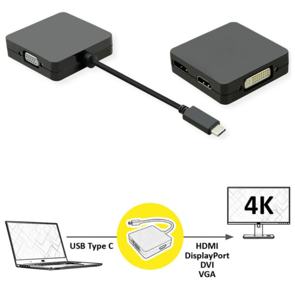 Roline VALUE adapter USB-C - VGA/DVI/HDMI/DP, M/F, 0.1m