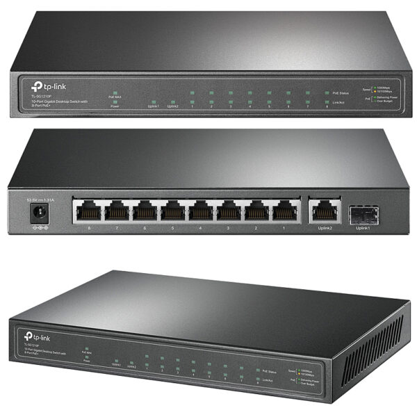 TP-Link 10-port Gigabit PoE preklopnik (Switch), 8×10/100/1000M RJ45 PoE+ ports, 1×G-LAN, 1×SFP, metalno kućište (63W)