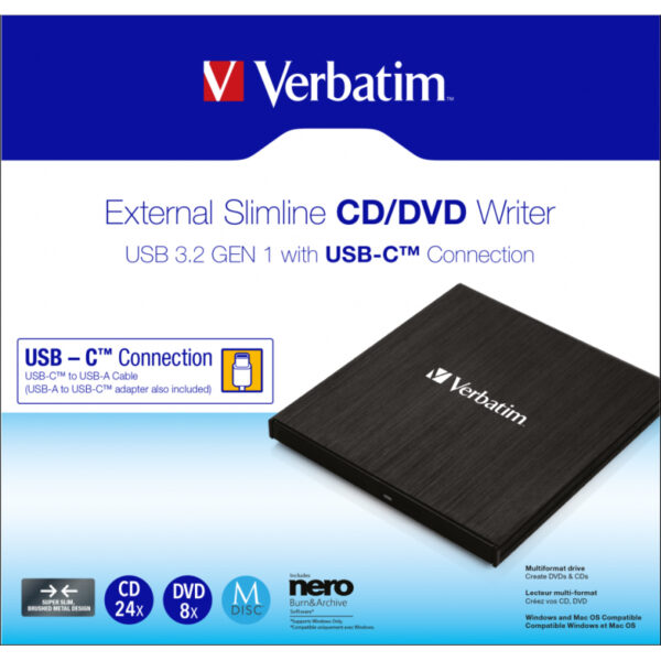 Verbatim CD/DVD Slimline vanjski snimač, M-Disc kompatibilan, USB3.2/USB-C, crni