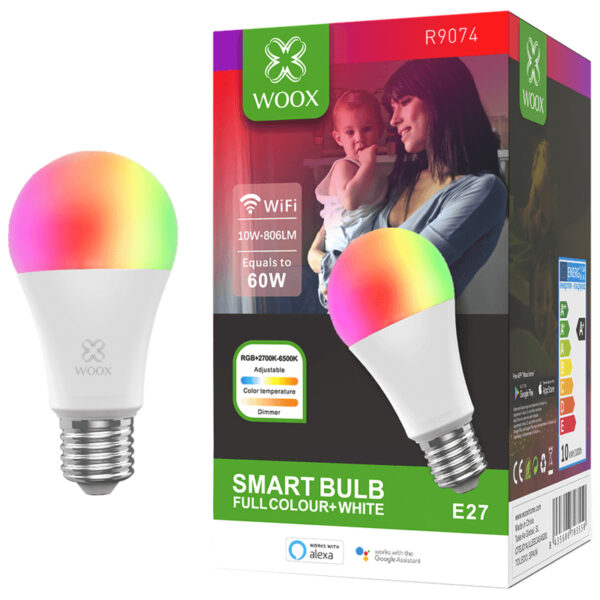 WOOX WiFi Smart LED RGB+CCT žarulja E27, 10W, 806lm, 2700K-6500K dimabilna, WooxHome app, glasovna kontrola - Alexa & Google Assistant (R9074)
