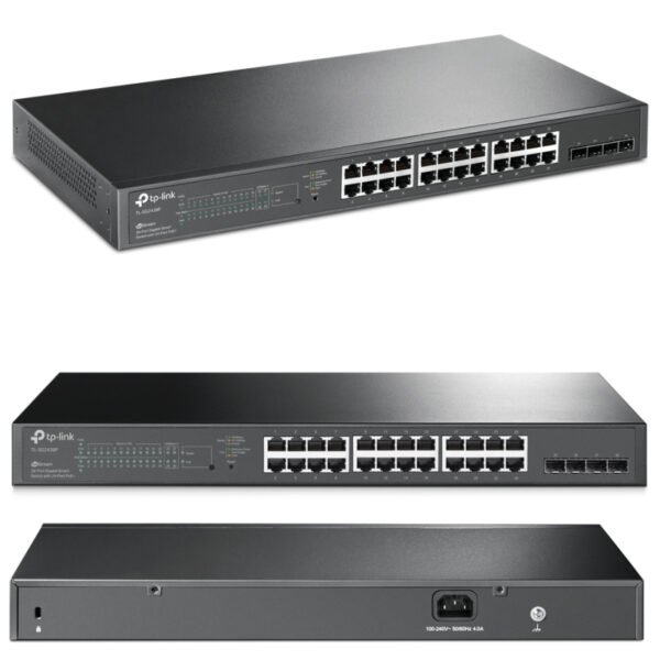 TP-Link Omada JetStream 24-port Gigabit L2 PoE+ Smart preklopnik (Switch), 24×10/100/1000M RJ45 port, 4×Gbit SFP, 802.3at/af, 19" 1U rack mount (250W)