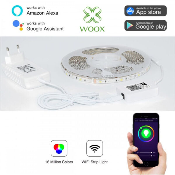 WOOX WiFi Smart LED traka RGB + toplo bijela, 5m, 24W, 150 LED, vodootporna, WooxHome app, glasovna kontrola - Alexa & Google Assistant (R5093)