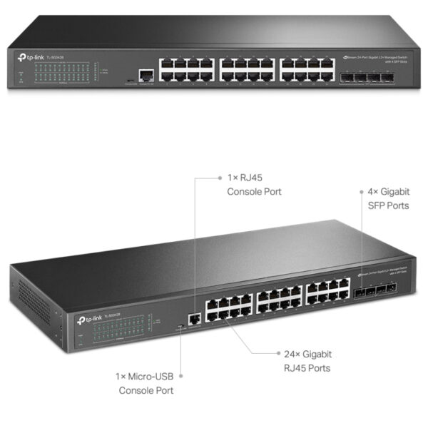 TP-Link Omada JetStream 24-port Gigabit Smart preklopnik (Switch), 24×10/100/1000M RJ45 ports, 4×Gigabit SFP, 1U 19" rack mount