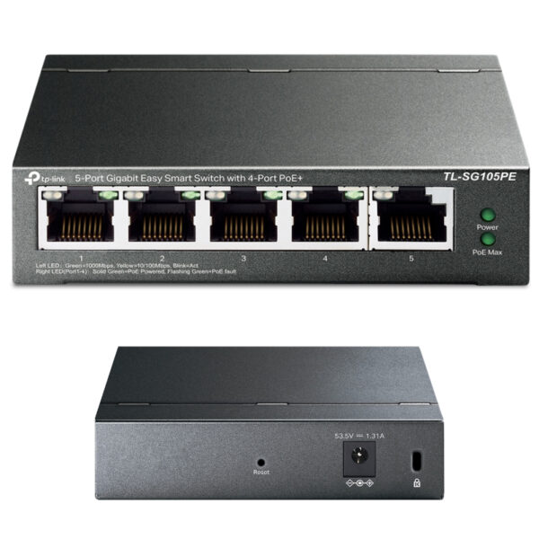 TP-Link 5-port Gigabit PoE Easy Smart preklopnik (Switch), 5×10/100/1000M RJ45, 4×PoE+, metalno kućište, 13" (65W)