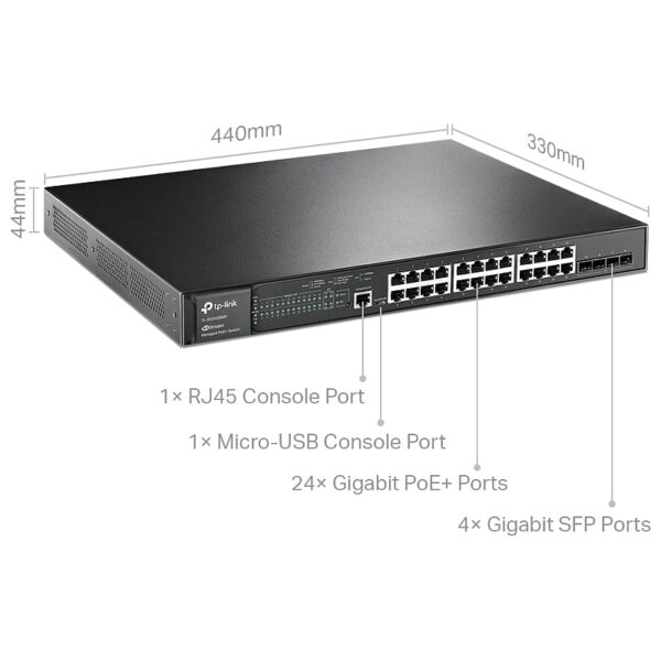 TP-Link Omada JetStream 28-port Gigabit L2+ upravljiv PoE+ preklopnik (Switch), 24×10/100/1000M RJ45 ports, 4×Gbit SFP, RJ45/Micro-USB Console port, 1U 19" rack mount (384W)