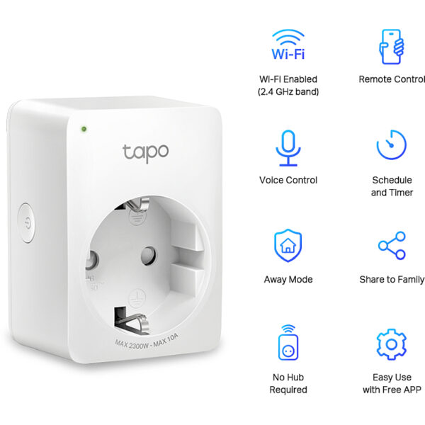 TP-Link Tapo Smart WiFi Plug, 2.4GHz, 802.11b/g/n, BT4.2, Tapo app, kontrola potrošnje energije, Timer/Schedule postavke, Glasovna kotrola Amazon Alexa/Google Assistant