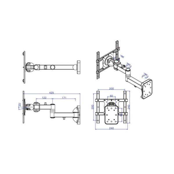 Roline zidni nosač za monitor, 5 spojeva, nosivost 25kg, crni