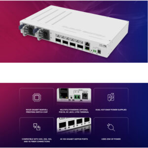 Mikrotik Cloud Router Switch 504-4XQ-IN, QCA9531 650 MHz CPU, 16×25G, 64MB RAM, 4×100G QSFP28 ports, 1×100Mbit manage port, RouterOS L5, desktop kućište, rackmount , dual hot-swap PSU