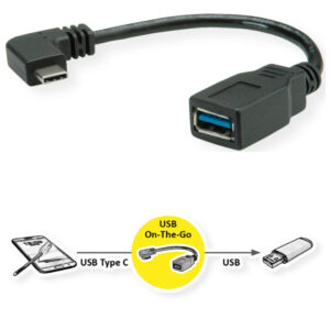 Roline USB3.2 Gen 1 kabel TIP A-C F/M kutni, 0.15m, crni