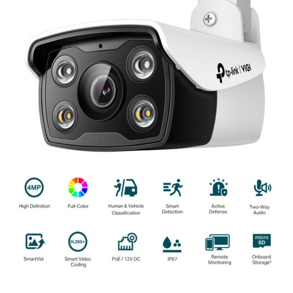TP-Link vanjska IP Bullet Full color HD kamera, H.265+ video, 4MP, 4mm leća, RJ45, Night Vision, detekcija pokreta, vodootporna IP66, VIGI app