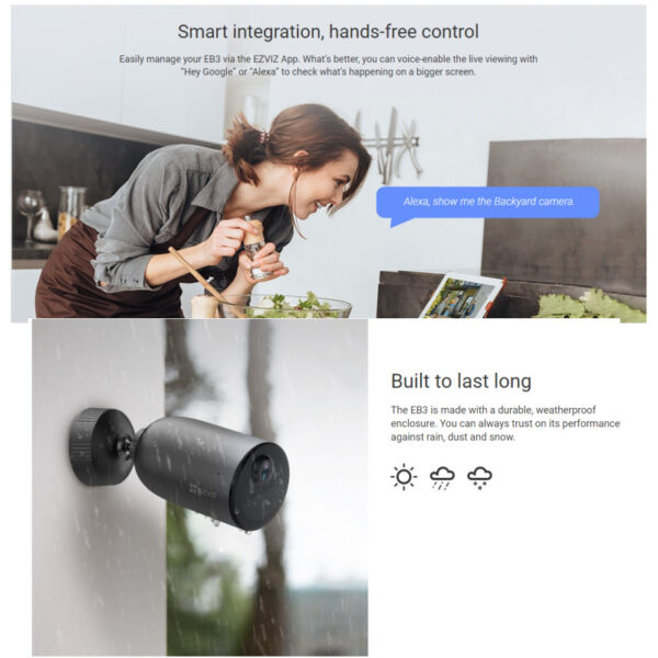 EZVIZ WiFi Samostalna Smart IR kamera s baterijom (5200mAh), 1/2.8” 3-MP Progressive Scan CMOS Sensor, 2K, dvosmjerni audio, detekcija pokreta, microSD, EZVIZ app, noćno snimanje u boji (EB3)