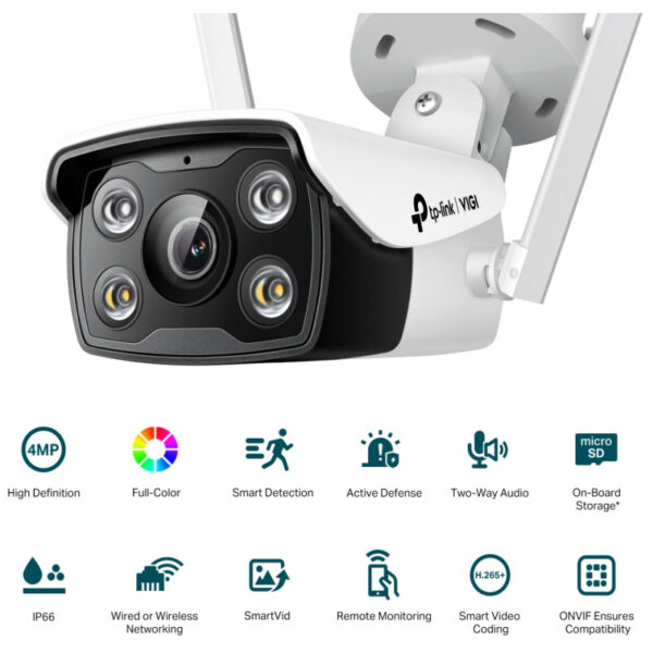 TP-Link vanjska IP Bullet Full color Wi-Fi HD kamera, 2.4G 150Mbps, 2×2 MIMO, H.265+ video, 4MP, 4mm leća, RJ45, Night Vision, detekcija pokreta, vodootporna IP66, VIGI app