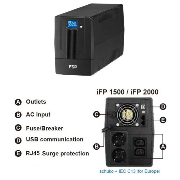 Fortron Source iFP 1500VA/900W, Line-interactive, 2×Schuko, 2×IEC C13, RJ11/45, USB, 2×9Ah, 5min. autonomija