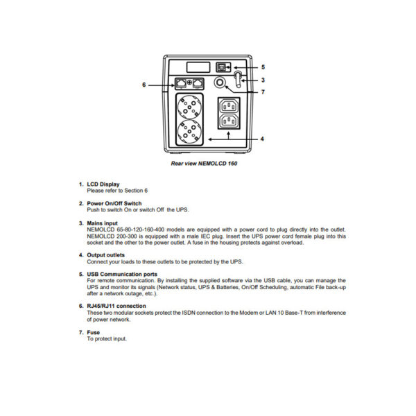 Elsist UPS NemoLCD 160 1600VA/600W, Line-Interactive, USB, RJ11/RJ45, 2×IEC, 2×Schuko, 2×7Ah, 10min. autonomija