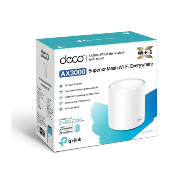 TP-Link AX3000 Deco X50, Dual-Band Mesh Wi-Fi 6, 574Mbps/2402Mbps (2.4GHz/5GHz), 802.11ax/ac/n/a/b/g, 3×G-LAN, Deco App