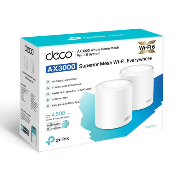TP-Link AX3000 Deco X50 (2-pack), Dual-Band Mesh Wi-Fi 6, 574Mbps/2402Mbps (2.4GHz/5GHz), 802.11ax/ac/n/a/b/g, 3×G-LAN, Deco App
