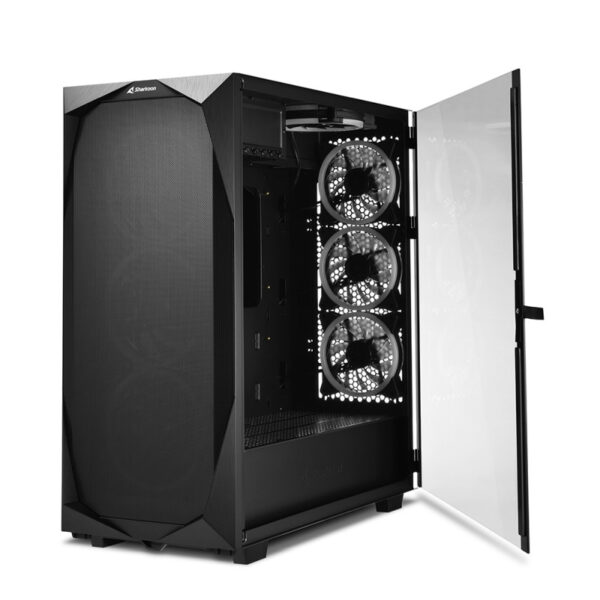 Sharkoon REV300 Midi Tower E-ATX kućište bez napajanja, prozirna bočna stranica, RGB ventilatori prednji 3×140/stražnji 3×120/gornji 1×120, crno