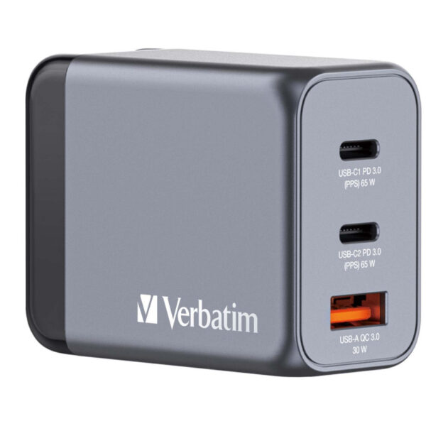 Verbatim GNC-65 GaN zidni punjač 65W, 2×USB-C PD 65W / 1×USB-A QC3.0