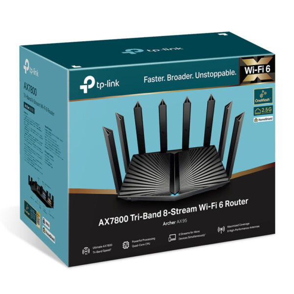 TP-Link AX7800 Archer AX95 bežični usmjerivač (Tri-Band Gigabit Wi-Fi 6 Router) 574 Mbps/2402 Mbps/4804 Mbps (2.4GHz/5GHz×2) 802.11ax/ac/n/a/b/g,1.7 GHz 4C, 3x G-LAN, 2x G-WAN/LAN, 2xUSB, 8x Antena