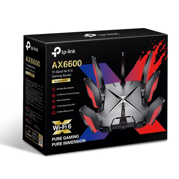 TP-Link Archer GX90 AX6600 bežični usmjerivač (Wi-Fi 6 Gaming Band, 2.5 Gbps žičana konekcija, 1.5 GHz Quad-Core CPU, Tether app, 8 x antena, Homecare sustav
