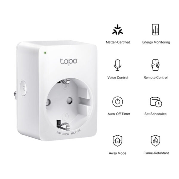 TP-Link Tapo Smart WiFi Plug Matter Standard, 2.4GHz, 802.11b/g/n, BT4.2, Tapo app, kontrola potrošnje energije, Timer/Schedule postavke, Glasovna kotrola Amazon Alexa/Google Assistant