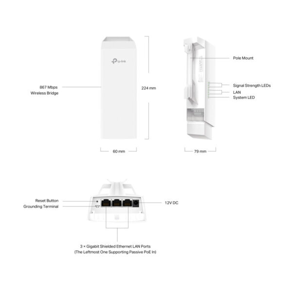 TP-Link Omada bežična pristupna točka vanjska (AP) 1km, 867Mbps (5GHz), IEEE 802.11 a/b/g/n/ac, podrška za Pasive PoE, 3×LAN, 2×2 11.0 dBi usmjeriva antena