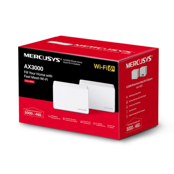 Mercusys AX3000 Halo H80X(2-Pack) Whole Home Mesh WiFi 6, Dual-Band574Mbps/2402Mbps (2.4GHz/5GHz), 802.11ax/n/b/g 2.4 GHz - 802.11ax/ac/n/a 5 GHz, 3×G-LAN, Mercusys app