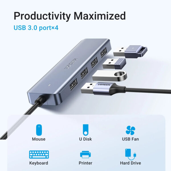 UGREEN USB Hub USB-C 3.0, 4-portni, + USB-C power port, sivi