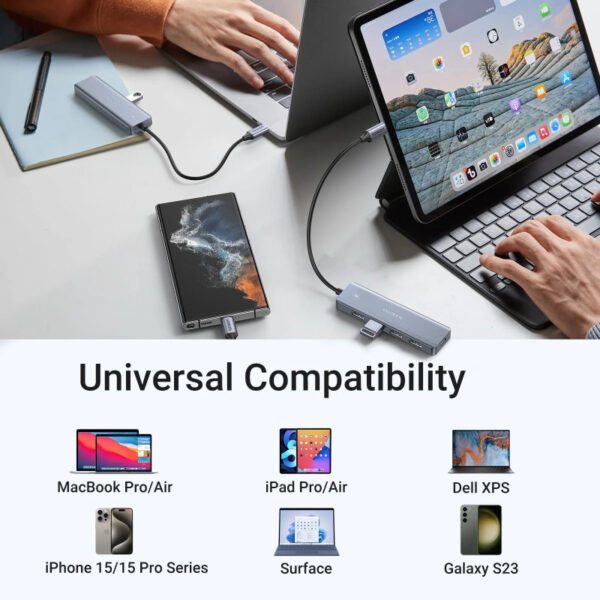 UGREEN USB Hub USB-C 3.0, 4-portni, + USB-C power port, sivi