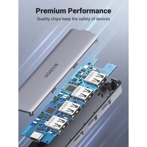 UGREEN USB Hub USB-C 3.0, 4-portni, + USB-C power port, sivi