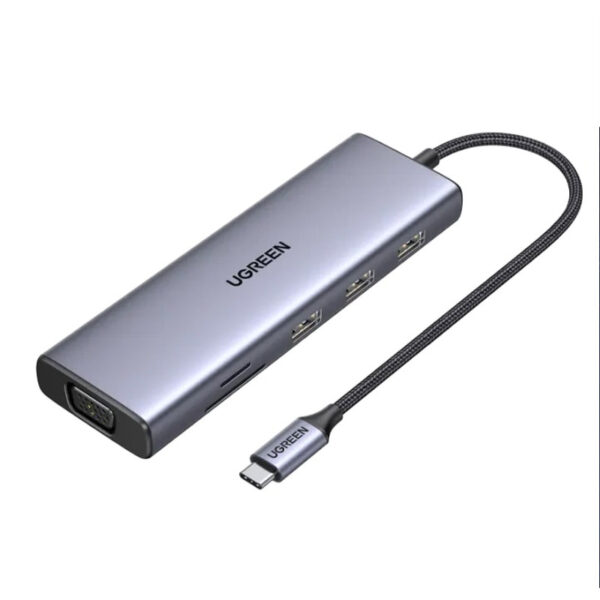 UGREEN USB Hub USB-C na 3×USB3.0, VGA, HDMI, RJ45 G-LAN, SD/TF, PD, 3.5mm, sivi