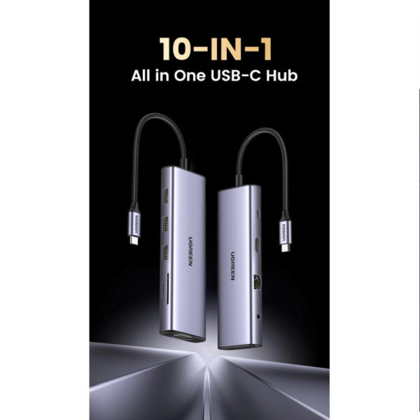 UGREEN USB Hub USB-C na 3×USB3.0, VGA, HDMI, RJ45 G-LAN, SD/TF, PD, 3.5mm, sivi